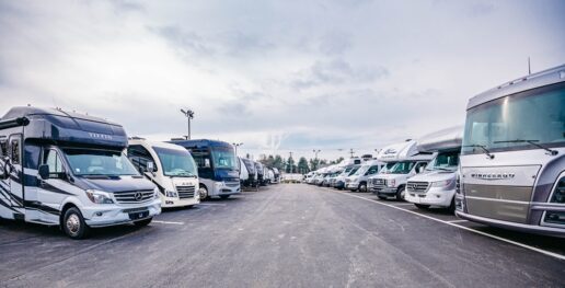A picture of RVs lined up on the lot outside Stoltzfus RV's and Marine in West Chester, Pennsylvania.