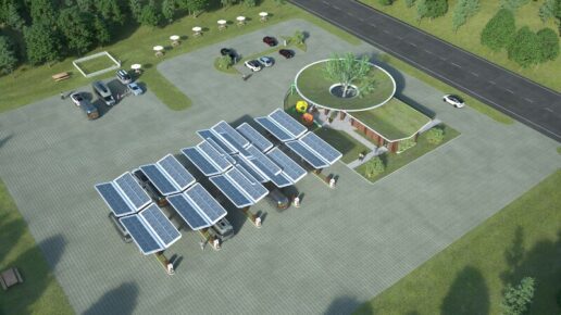 An aerial image of Thor Industries' concept for an eRV charging station.