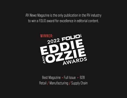 Picture of 2022 Eddie & Ozzie Award from Folio for Best Full Issue Business Magazine that was given to RV News for it's July 2022 American Made-In issue
