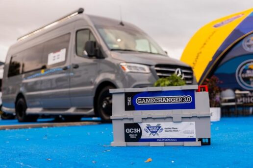 A picture of Battle Born Batteries in front of an OGV Luxury Coach motorhome.