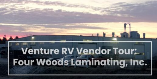 A screenshot of Venture RV's video tour of cabinet vendor Four Woods Laminating.