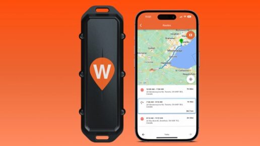A picture of the WhereSafe One Tracker next to a smartphone displaying the WhereSafe app.