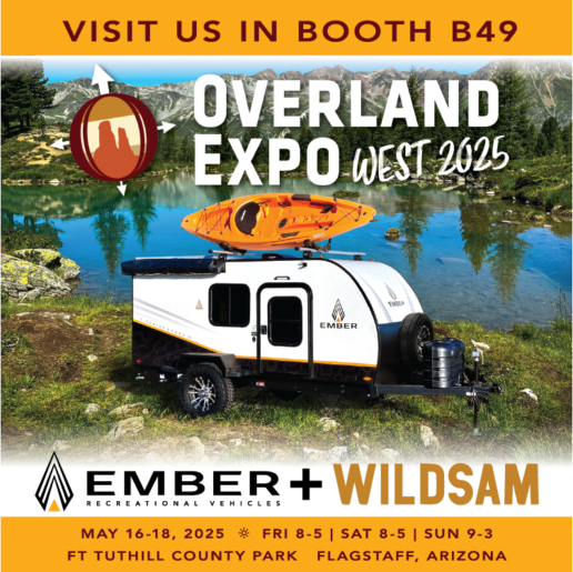 A picture of the poster for Ember RV and Wildsam's partnership to bring two RVs to display at the 2025 Overland Expo West show.
