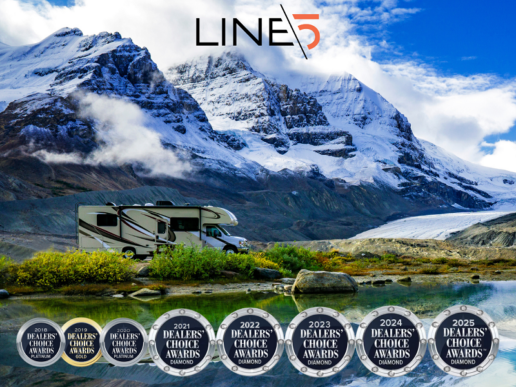 A graphic showing Line\5's wins at the Dealer's Choice Awards with an RV in the background.