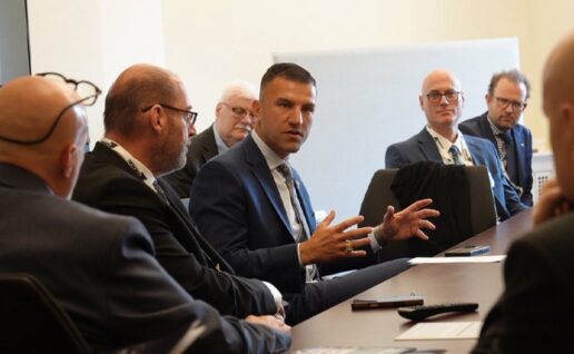 A picture of Indiana Rep. Rudy Yakym talking with RVIA members during Advocacy Day.
