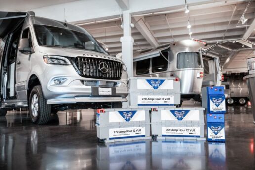 A photo of Battle Born Batteries in front of an Airstream motorhome.