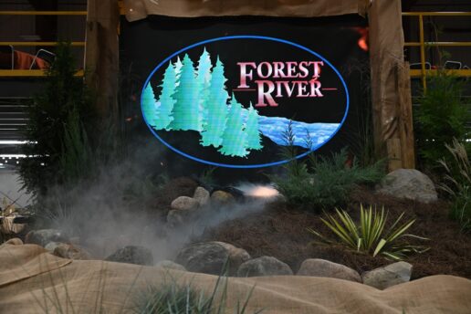 A photo of the Forest River logo from a previous Expo.
