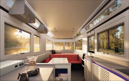 A photo of the interior of the Lightship AE.1 Cosmos travel trailer.