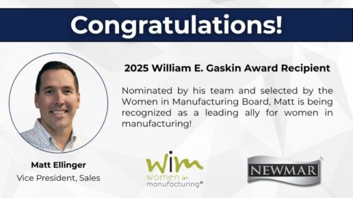 A graphic showing Matt Ellinger of Newmar has won the Women in Manufacturing's Ally Award.