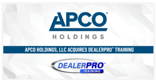 A graphic showing Apco is acquiring DealerPro Training.