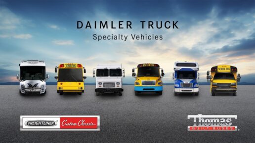 A photo of RVs, buses and walk-in vans that are now a part of the new Daimler Truck Specialty Vehicles division of Daimler Truck North America.