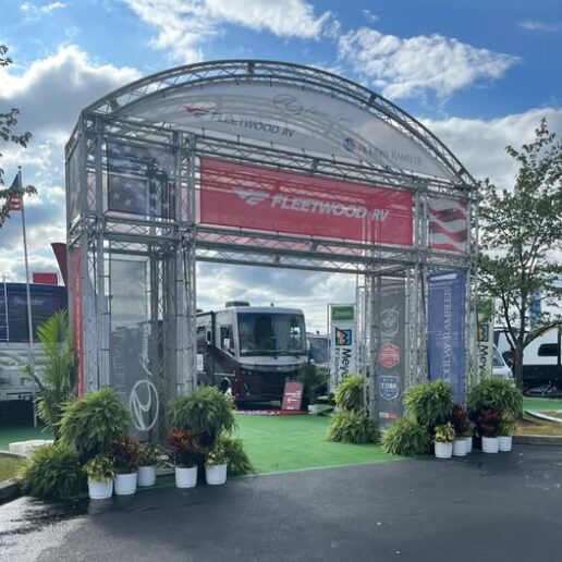 A photo of the Fleetwood RV sign that greets visitors at America's Largest RV Show in Hershey, Pennsylvania.