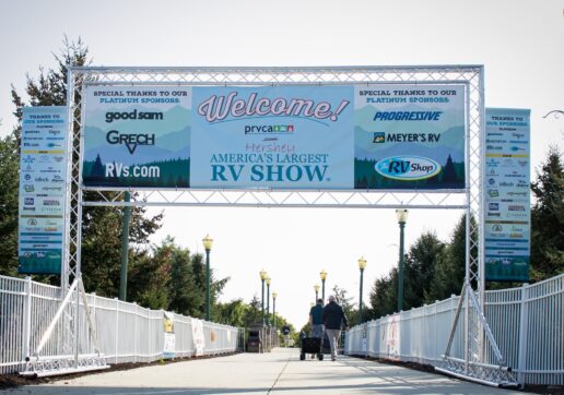 A photo of a sign welcoming attendees to America's Largest RV Show in Hershey, Pennsylvania.