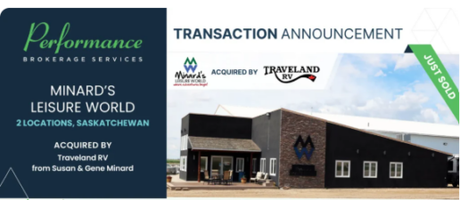 A graphic showing the sale of Minard's Leisure World to Traveland RV.