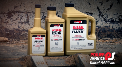A photo of Power Service's family of Diesel Injector & DPF Flush products.