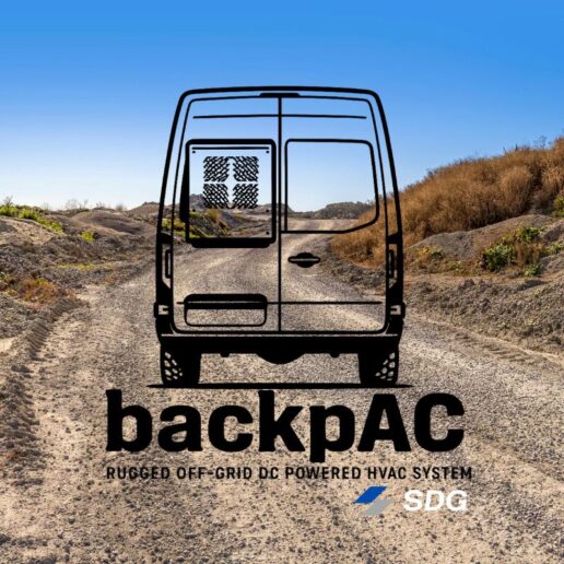 A graphic for SDG's backpAC HVAC system for RVs.
