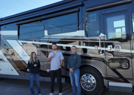 A screenshot from a video about Tiffin and Freightliner's PowerDrive steering assist column.