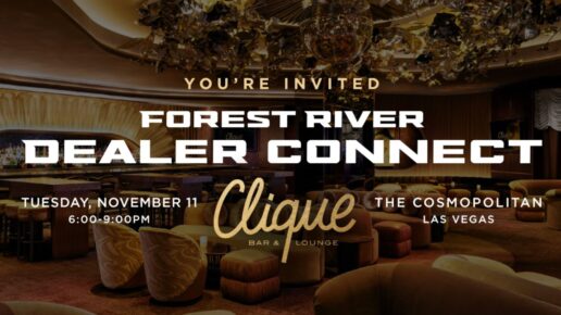 A graphic showing details of Forest River's Dealer Connect event at the 2025 RVDA Convention / Expo.