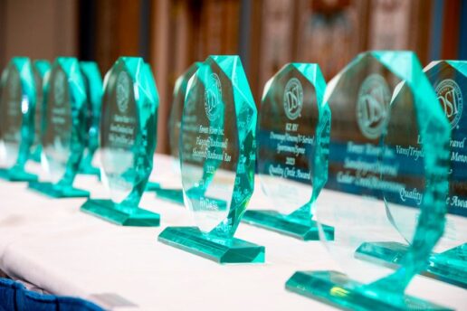 A photo of multiple RVDA Quality Circle Awards earned by Forest River.