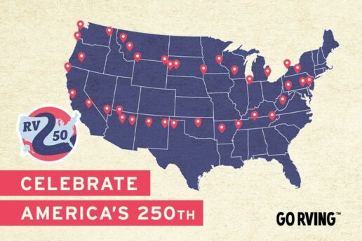 A map showing stops on RV-2-50's tour leading up to the United States' 250th birthday in July 2026.