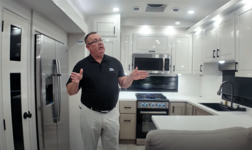 A screenshot of Mike Alpin leading a walkthrough tour of the 2026 Jayco Pinnacle 38FBRK fifth wheel.