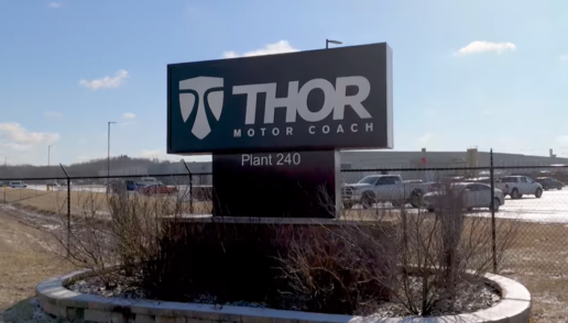 A photo of the Thor Motor Coach sign outside Plant 240.