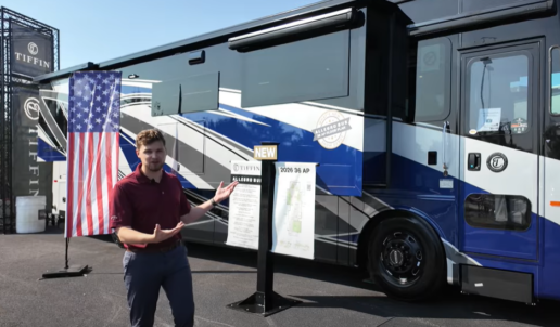 A screenshot from a walkthrough video of the Tiffin Allegro Bus 36 AP.