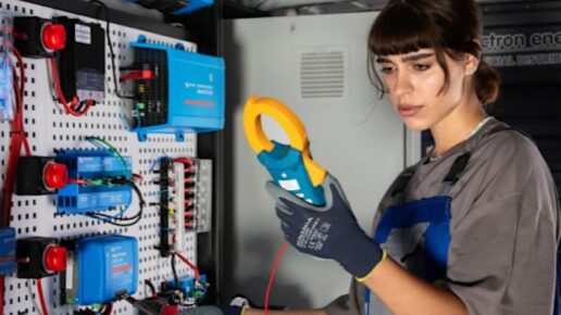 A picture of a technician working on an RV battery system.
