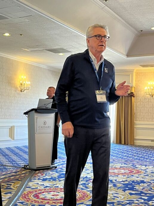 A photo of Brown and Brown's John Tabar presenting SIM 365 during the 2025 F&I School in Las Vegas.