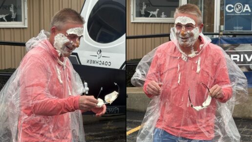 Coachmen RV's Andy Brock is pied in the face after a successful food drive for the Middlebury Food Pantry in Indiana.