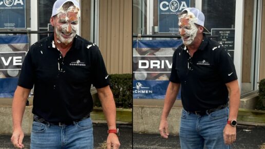 Coachmen RV's Bob Dumm is pied in the face after a successful food drive for the Middlebury Food Pantry in Indiana.