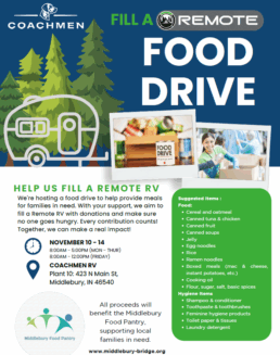 A flyer promoting Coachmen's 2025 Fill an RV Food Drive.