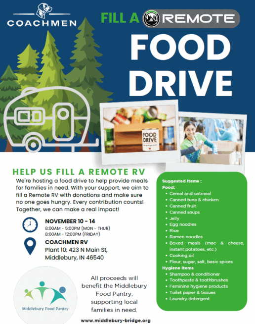 A flyer promoting Coachmen's 2025 Fill an RV Food Drive.
