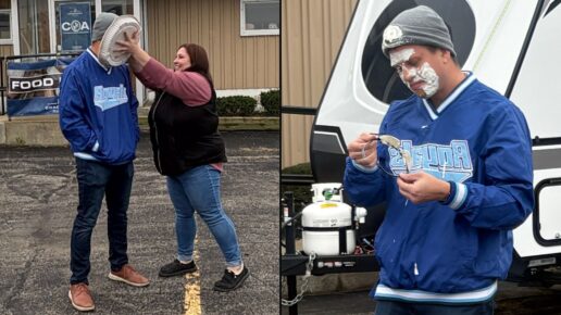 Coachmen RV's Mike Gaeddert is pied in the face after a successful food drive for the Middlebury Food Pantry in Indiana.