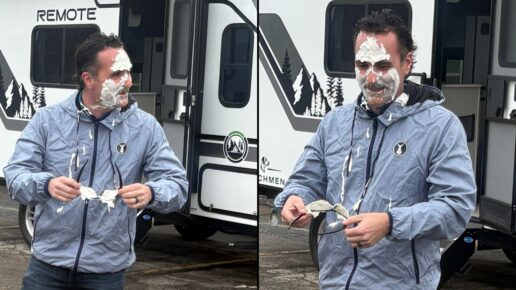 Coachmen RV's Mike McIntire is pied in the face after a successful food drive for the Middlebury Food Pantry in Indiana.