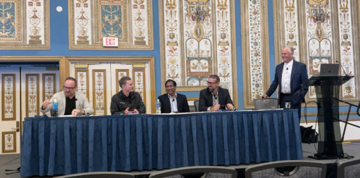A panel discussion on AI in the RV industry led by Ron Wheeler (far right) and featuring (right to left) iA Dealer Services Head of Learning and Development Mark Goldsmith, Rapidious founder and CEO Kishore Rajgopal, Kenect co-founder and Chief Revenue Officer Graham Anderson and LAHZO founder and CEO Brad Shepard.