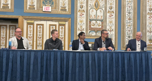 A panel discussion on AI in the RV industry led by Ron Wheeler (far right) and featuring (right to left) iA Dealer Services Head of Learning and Development Mark Goldsmith, Rapidious founder and CEO Kishore Rajgopal, Kenect co-founder and Chief Revenue Officer Graham Anderson and LAHZO founder and CEO Brad Shepard.