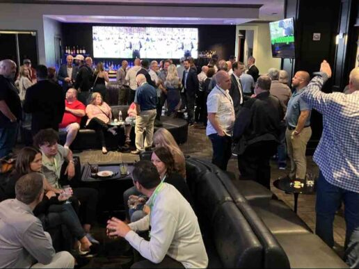 A photo of dozens of people gathered at the Huntington Bank cocktail hour in Las Vegas on Nov. 10.