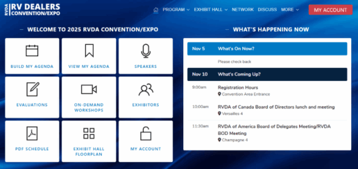 A screenshot of RVDA's virtual web app for the RVDA Convention/Expo in Las Vegas.