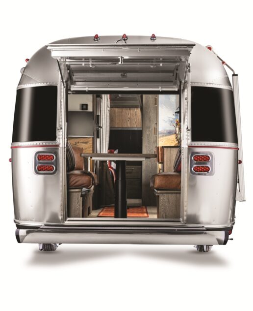 A picture of the open rear of the Airstream Stetson + 6666 Special Edition travel trailer.