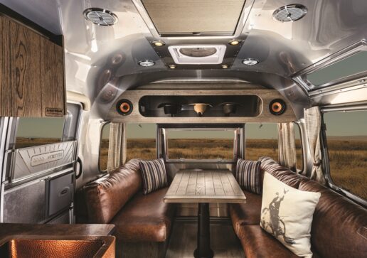 A picture of the interior leather seating of the Airstream Stetson + 6666 Special Edition travel trailer.
