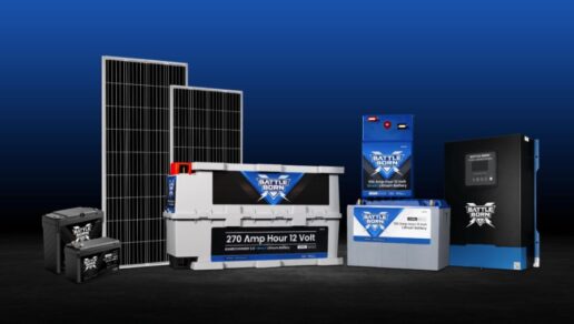 A photo of multiple new Battle Born products including inverter/chargers and the Base Series battery.