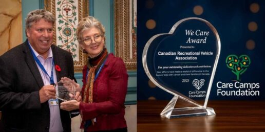 A photo of CRVA President Shane Devenish accepting an award from Care Camps Foundation Executive Director Gwynn Sullivan.