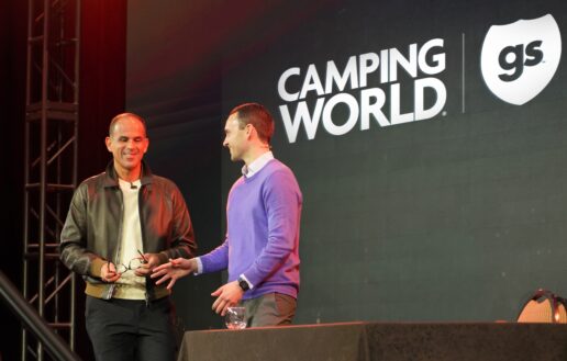 A photo of Camping World's Marcus Lemonis (left) and Matthew Wagner on stage together.