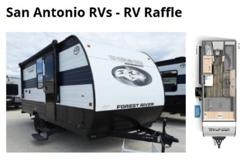 A screenshot of the webpage of an RV Raffle for a local San Antonio food bank.