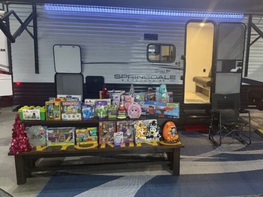 A photo of all the toys collected by Sonny's RV for donation to the local Child Development Center near Casper, Wyoming.