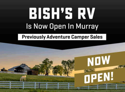 A graphic showing Bish's RV has acquired Adventure Camper Sales in Murray, Kentucky.