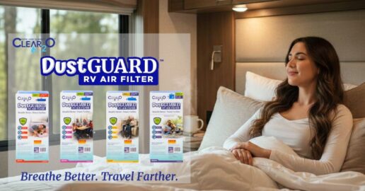 An infographic showing the new line of Clear2o DustGuard air filters for RVs.