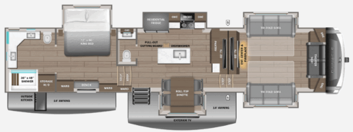 The floorplan for the Jayco Pinnacle 39FLOK.