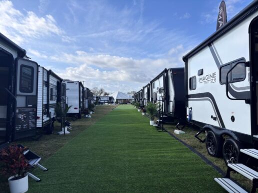 A photo of the Lazydays RV, powered by Campers Inn, display at the 2026 Florida RV SuperShow.